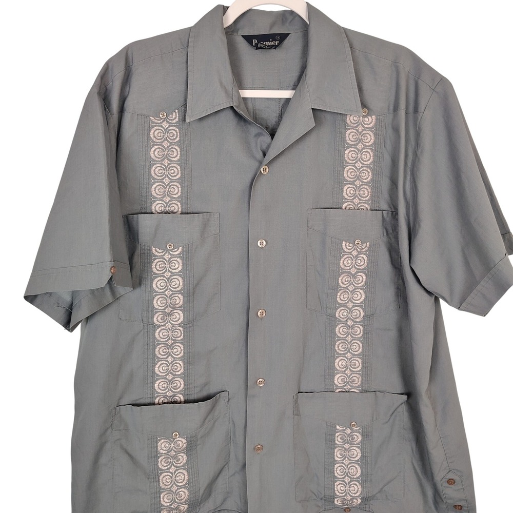 Premier Mens Gray Guayabera Short Sleeve Embroidered Button‎ Down Shirt 1X
